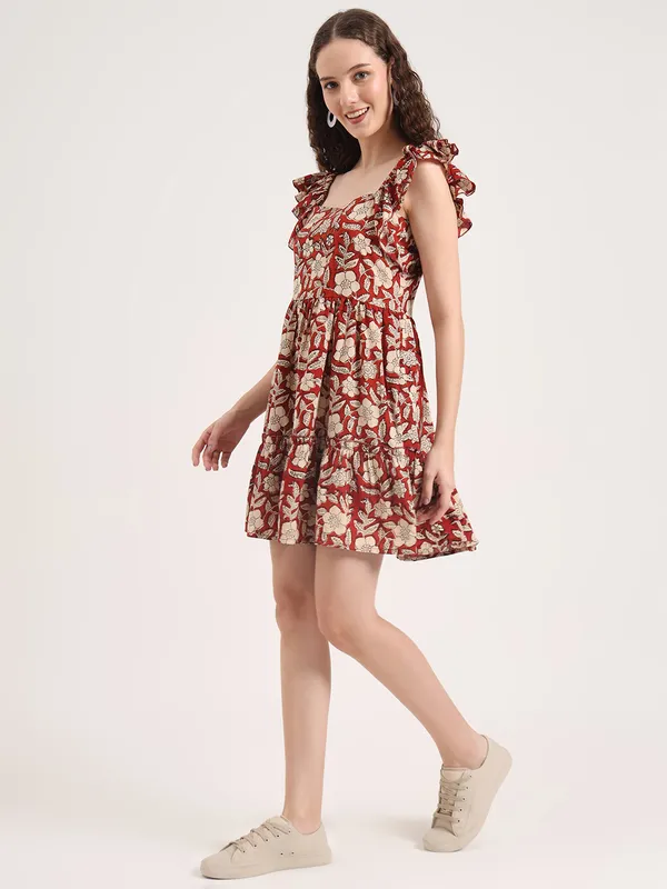 Maroon_Floral_Bagru_Hand_Block_Printed_Midi_Dress