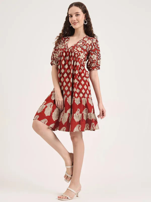 Maroon_Floral_Bagru_Hand_Block_Printed_Midi_Dress