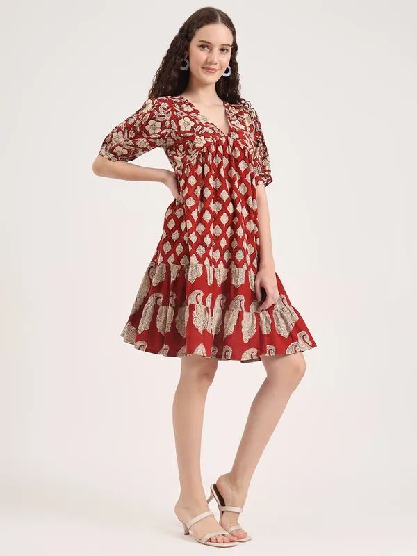 Maroon_Floral_Bagru_Hand_Block_Printed_Midi_Dress