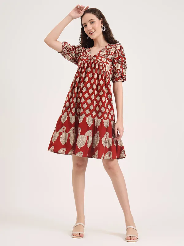 Maroon_Floral_Bagru_Hand_Block_Printed_Midi_Dress