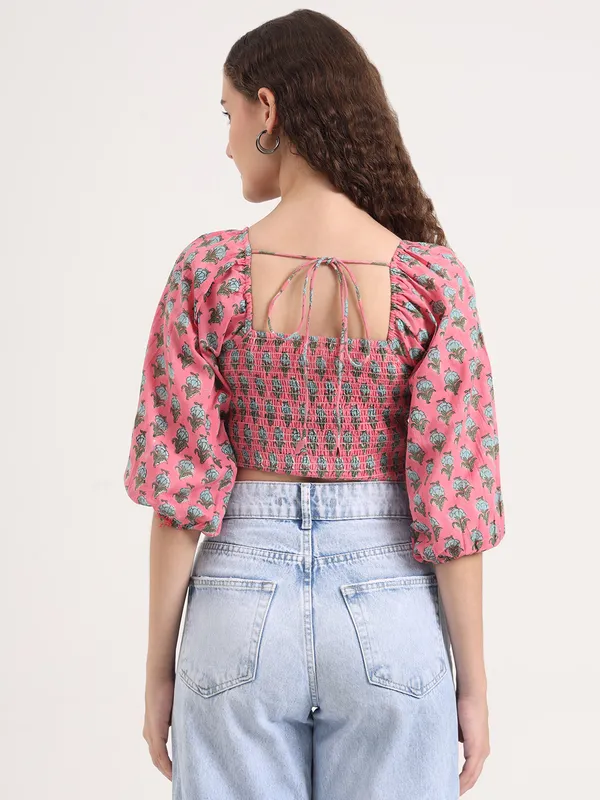 Pink_Base_With_With_Multi_Floral_Butta_Sanganeri_Hand_Block_Printed_Crop_Top