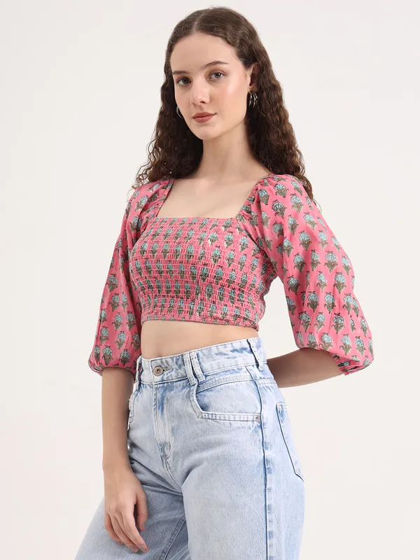 Pink_Base_With_With_Multi_Floral_Butta_Sanganeri_Hand_Block_Printed_Crop_Top