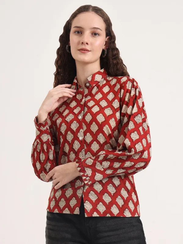 Maroon_Floral_Bagru_Hand_Block_Printed_Shirt