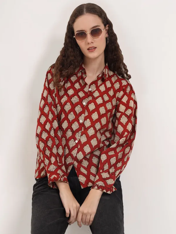 Maroon_Floral_Bagru_Hand_Block_Printed_Shirt