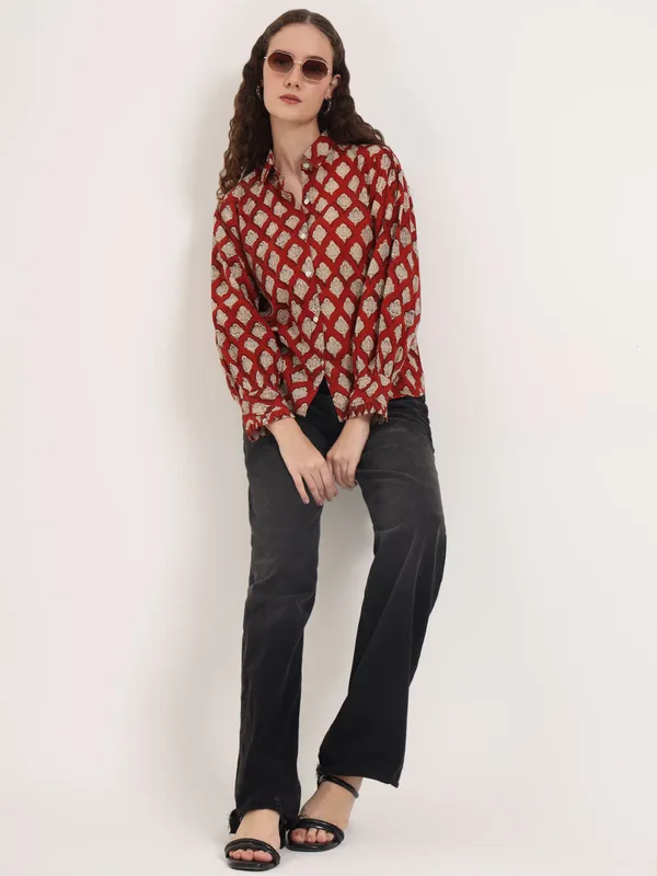 Maroon_Floral_Bagru_Hand_Block_Printed_Shirt