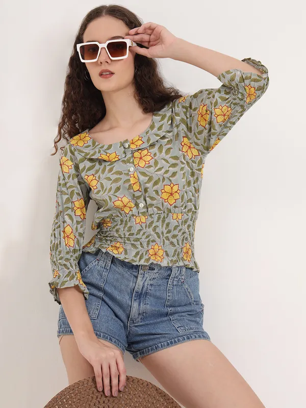Green_Floral_Sanganeri_Hand_Block_Printed_Crop_Top