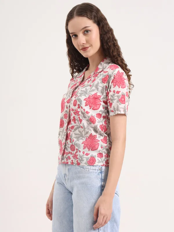 Off_White_Base_With_Pink_Floral_Sanganeri_Hand_Block_Printed_Shirt