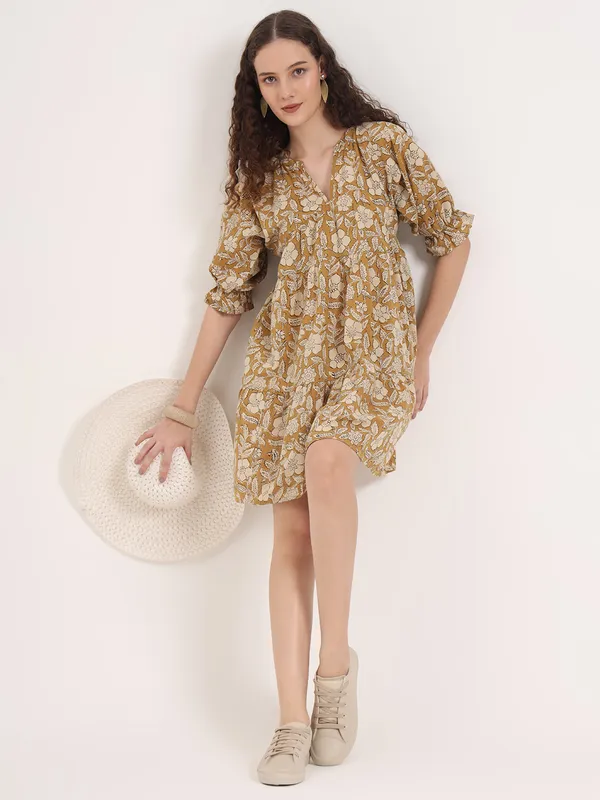 Light_Brown_Floral_Bagru_Hand_Block_Printed_Midi_Dress