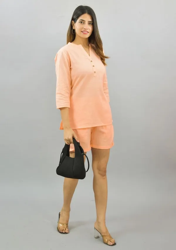 Peach_Cotton_Flax_Premium_&_Elegant_Top_&_Shorts_For_Women