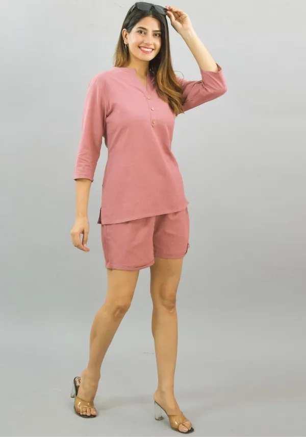 Pink_Cotton_Flax_Premium_&_Elegant_Top_&_Shorts_For_Women