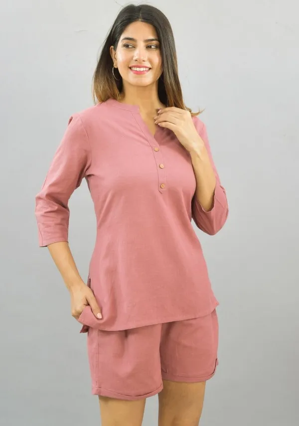 Pink_Cotton_Flax_Premium_&_Elegant_Top_&_Shorts_For_Women