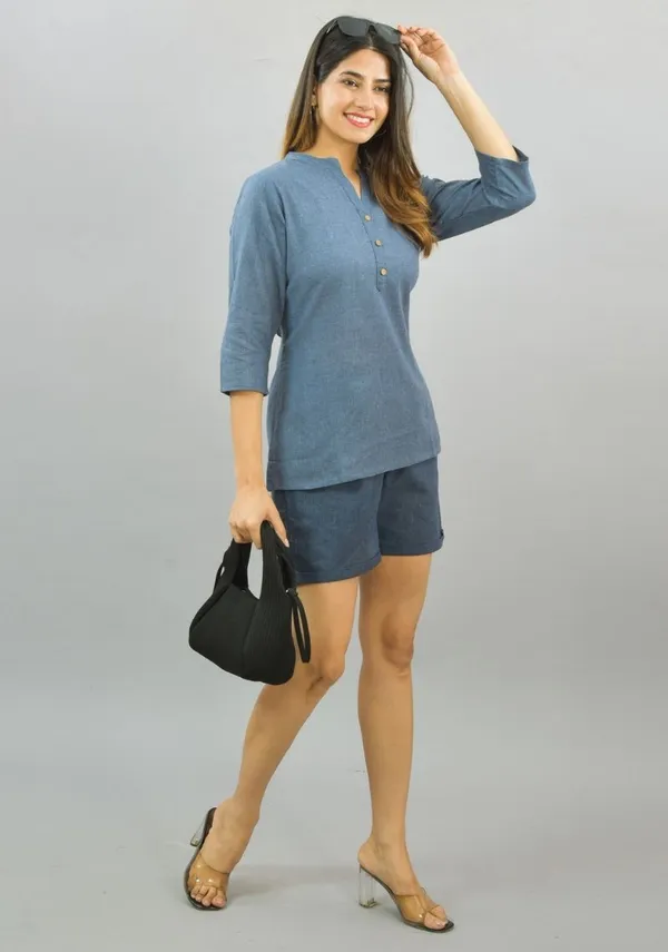 Denim_Cotton_Flax_Premium_&_Elegant_Top_&_Shorts_For_Women