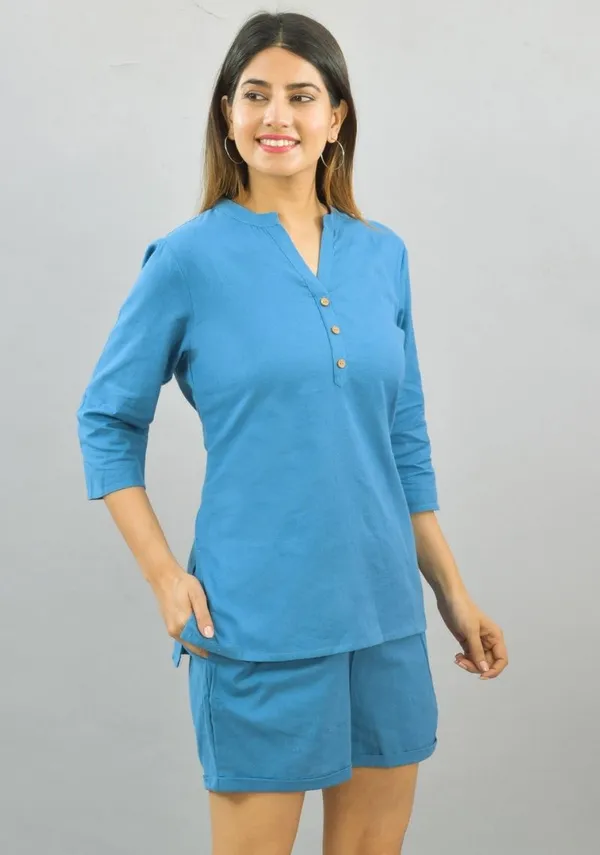 Blue_Cotton_Flax_Premium_&_Elegant_Top_&_Shorts_For_Women