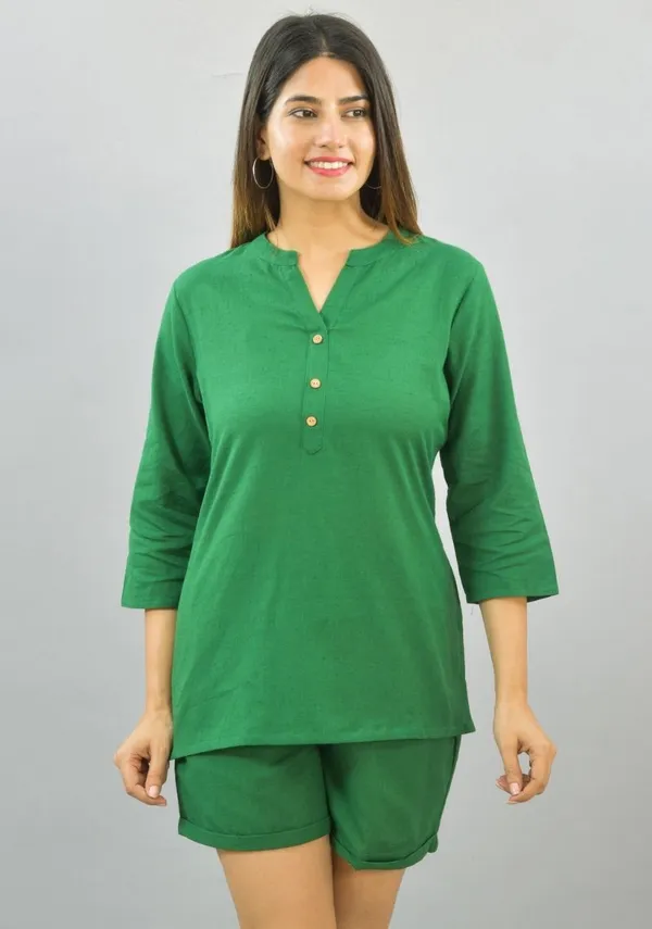 Bottle_Green_Cotton_Flax_Premium_&_Elegant_Top_&_Shorts_For_Women