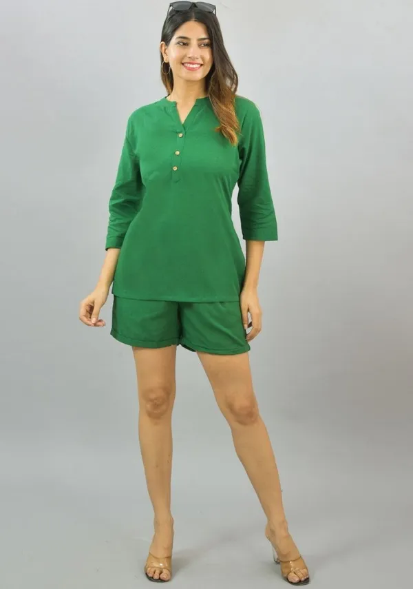 Bottle_Green_Cotton_Flax_Premium_&_Elegant_Top_&_Shorts_For_Women