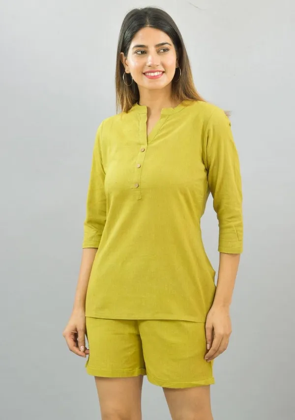 Olive_Green_Cotton_Flax_Premium_&_Elegant_Top_&_Shorts_For_Women