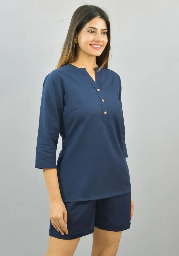 Navy_Blue_Cotton_Flax_Premium_&_Elegant_Top_&_Shorts_For_Women