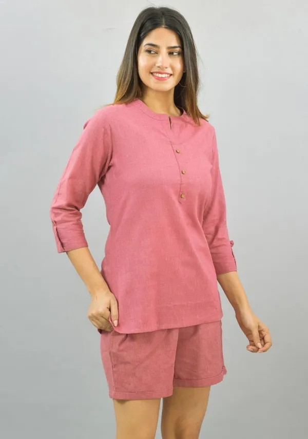 Pink_Cotton_Flax_Premium_&_Elegant_Top_&_Shorts_For_Women