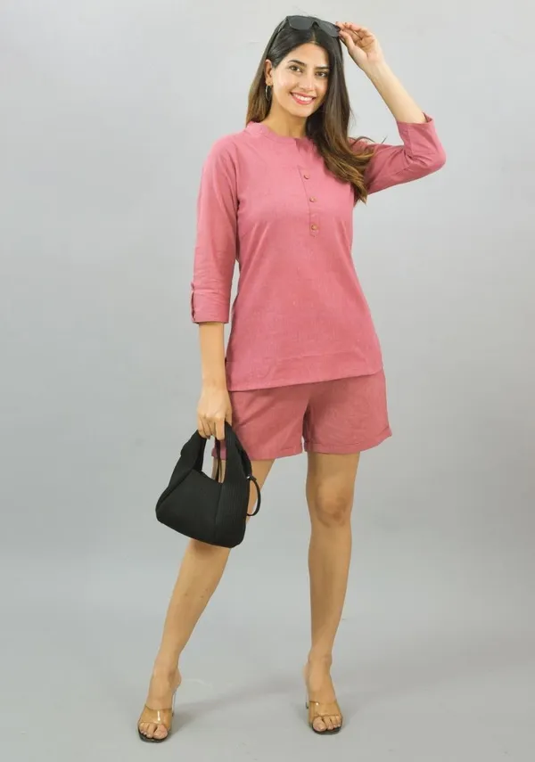 Pink_Cotton_Flax_Premium_&_Elegant_Top_&_Shorts_For_Women