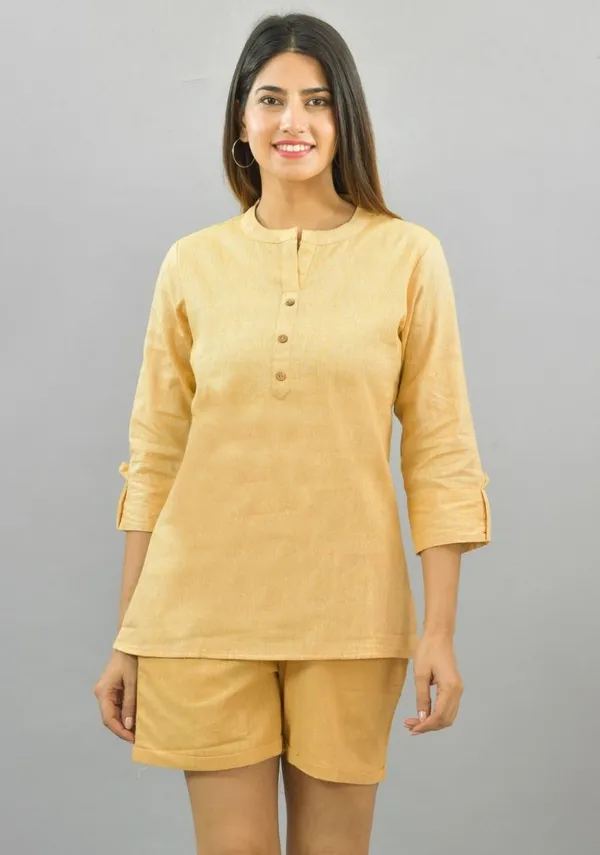 Yellow_Cotton_Flax_Premium_&_Elegant_Top_&_Shorts_For_Women