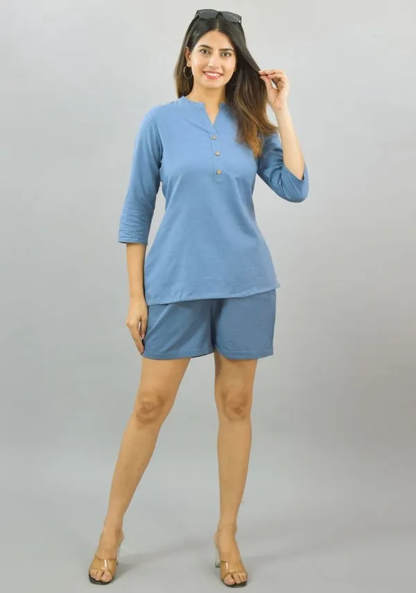 Sky_Blue_Cotton_Flax_Premium_&_Elegant_Top_&_Shorts_For_Women