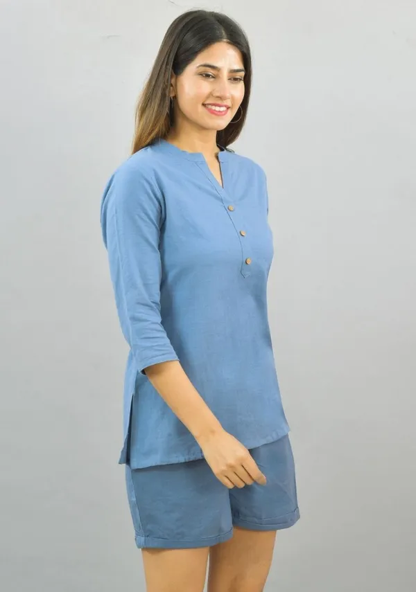 Sky_Blue_Cotton_Flax_Premium_&_Elegant_Top_&_Shorts_For_Women