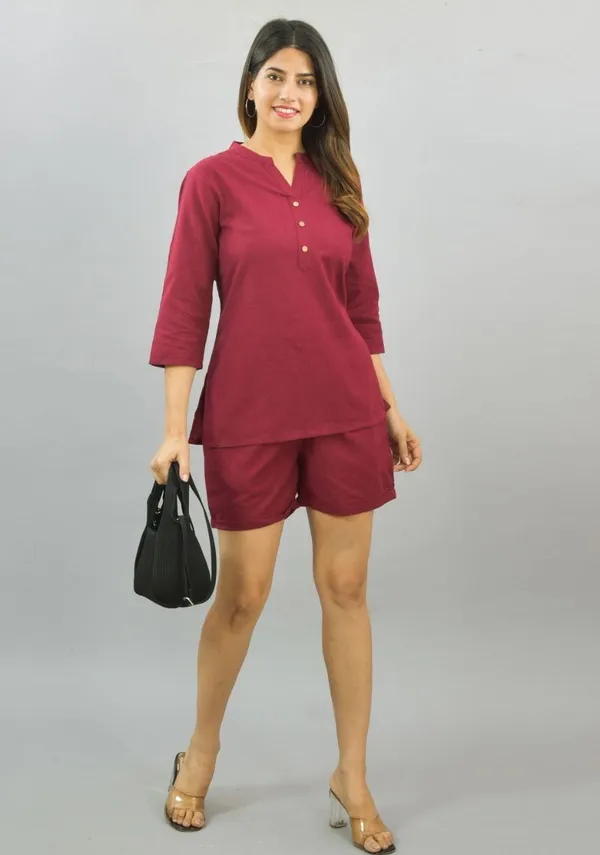 Maroon_Cotton_Flax_Premium_&_Elegant_Top_&_Shorts_For_Women