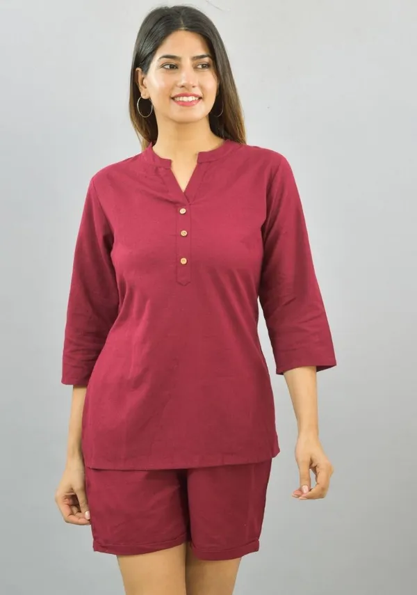Maroon_Cotton_Flax_Premium_&_Elegant_Top_&_Shorts_For_Women