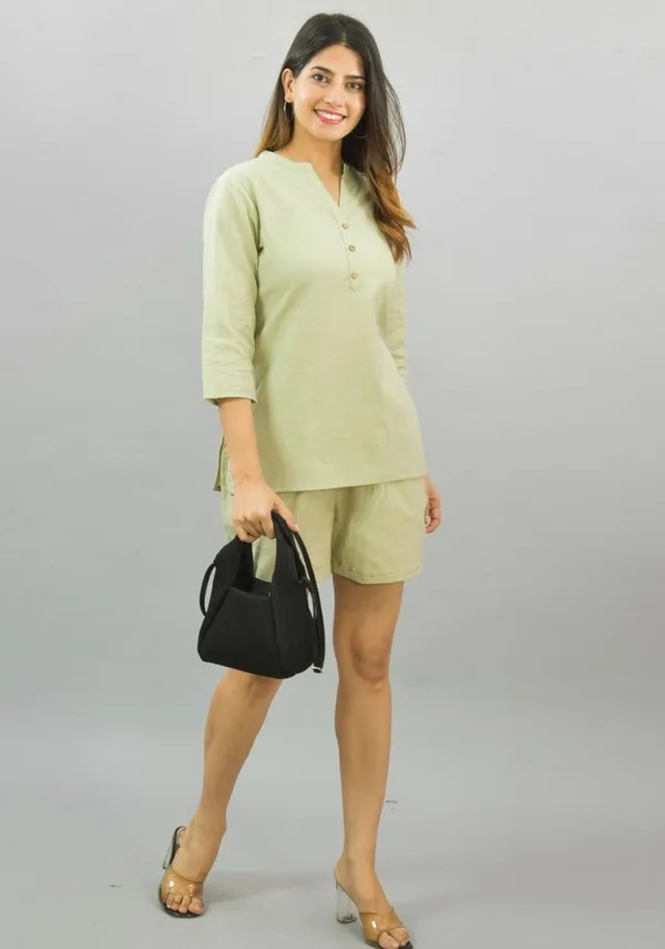 Mint_Green_Cotton_Flax_Premium_&_Elegant_Top_&_Shorts_For_Women