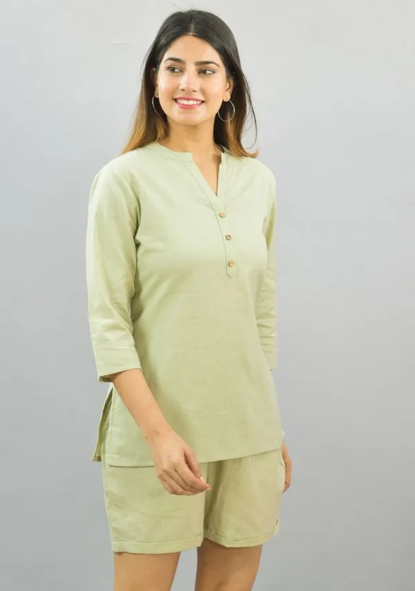 Mint_Green_Cotton_Flax_Premium_&_Elegant_Top_&_Shorts_For_Women