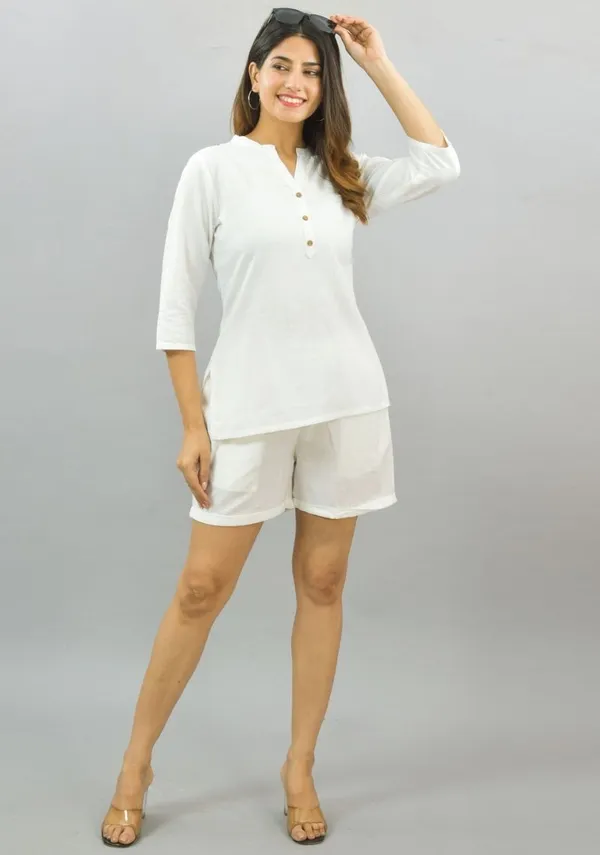 White_Cotton_Flax_Premium_&_Elegant_Top_&_Shorts_For_Women