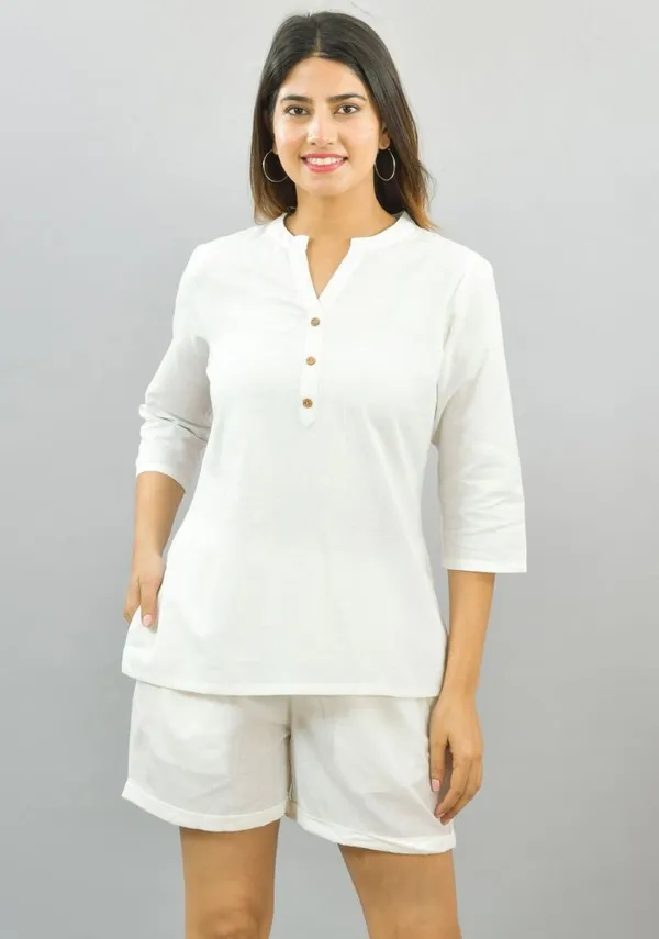 White_Cotton_Flax_Premium_&_Elegant_Top_&_Shorts_For_Women