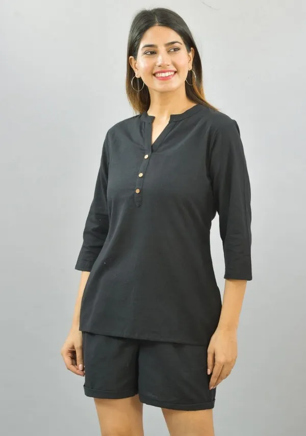 Black_Cotton_Cotton_Flax_Premium_&_Elegant_Top_&_Shorts_For_Women