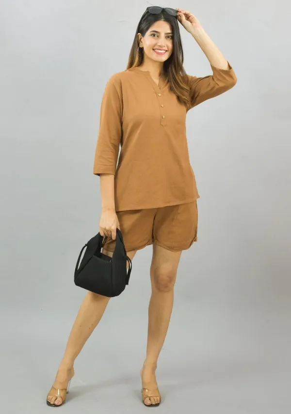 Brown_Cotton_Flax_Premium_&_Elegant_Top_&_Shorts_For_Women