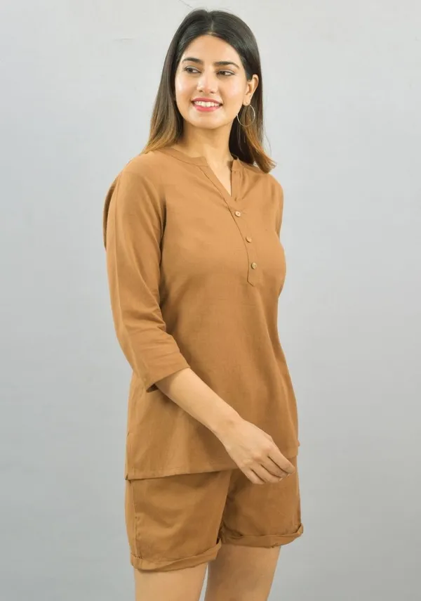 Brown_Cotton_Flax_Premium_&_Elegant_Top_&_Shorts_For_Women