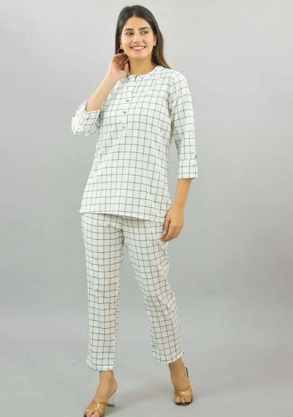 White_Cotton_Checks_Premium_&_Elegant_Top_&_Bottom_For_Women