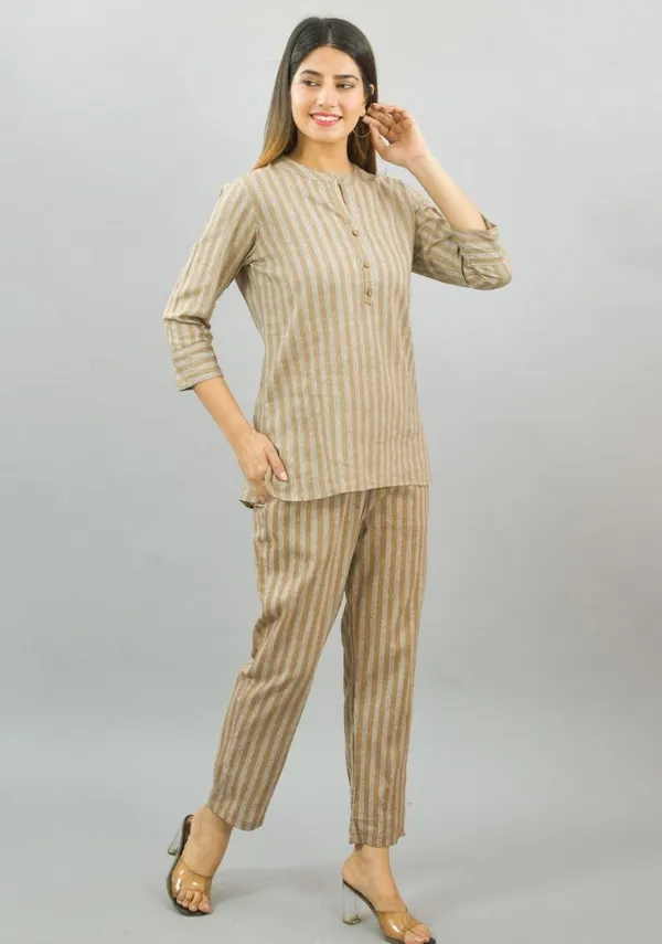 Beige_Cotton_Checks_Premium_&_Elegant_Top_&_Bottom_For_Women