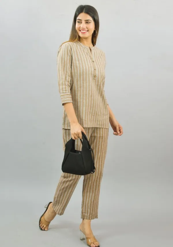 Beige_Cotton_Checks_Premium_&_Elegant_Top_&_Bottom_For_Women