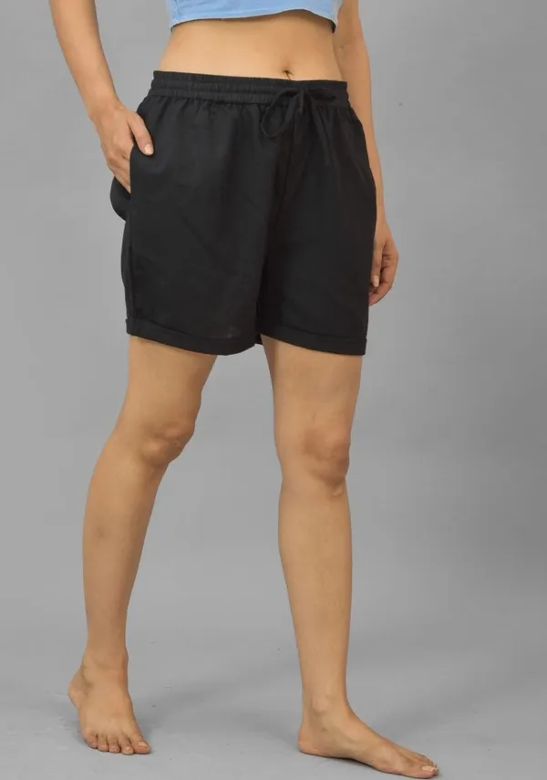 Black_Solid_Cotton_Flax_Premium_&_Elegant_Shorts_For_Women