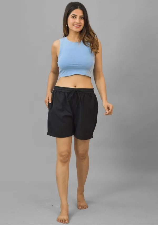Black_Solid_Cotton_Flax_Premium_&_Elegant_Shorts_For_Women