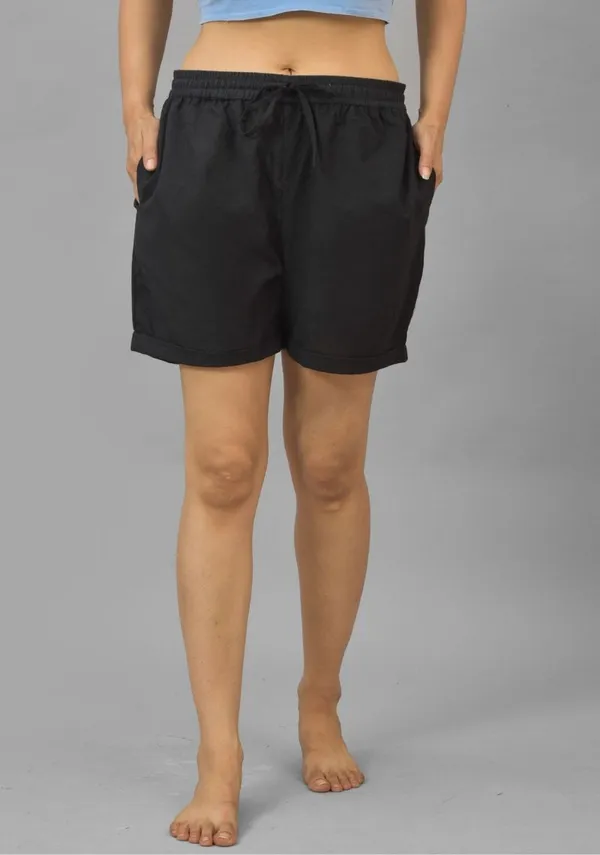 Black_Solid_Cotton_Flax_Premium_&_Elegant_Shorts_For_Women