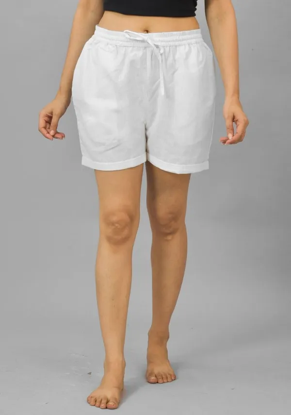 White_Solid_Cotton_Flax_Premium_&_Elegant_Shorts_For_Women