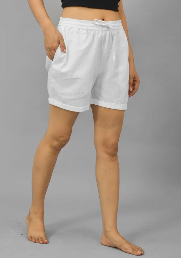 White_Solid_Cotton_Flax_Premium_&_Elegant_Shorts_For_Women