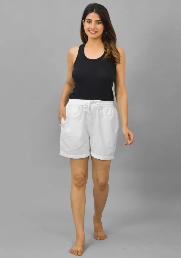 White_Solid_Cotton_Flax_Premium_&_Elegant_Shorts_For_Women
