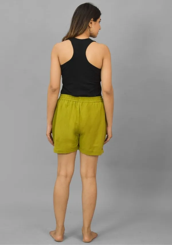 Olive_Green_Solid_Cotton_Flax_Premium_&_Elegant_Shorts_For_Women