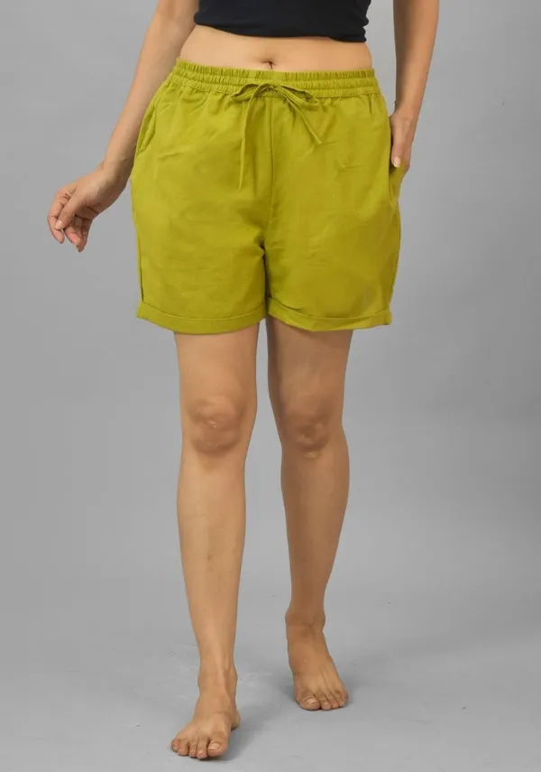 Olive_Green_Solid_Cotton_Flax_Premium_&_Elegant_Shorts_For_Women
