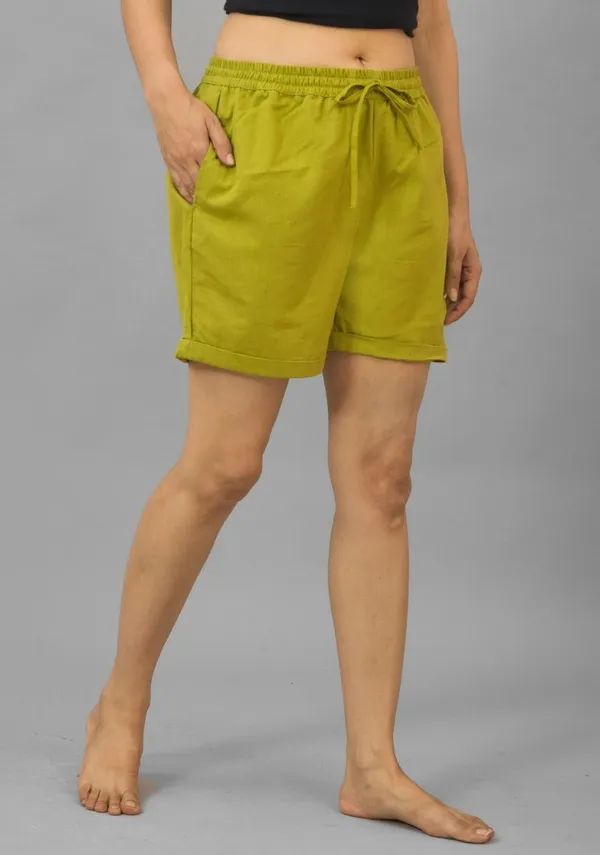 Olive_Green_Solid_Cotton_Flax_Premium_&_Elegant_Shorts_For_Women