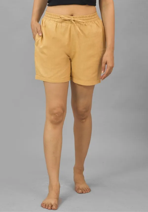 Beige_Solid_Cotton_Flax_Premium_&_Elegant_Shorts_For_Women