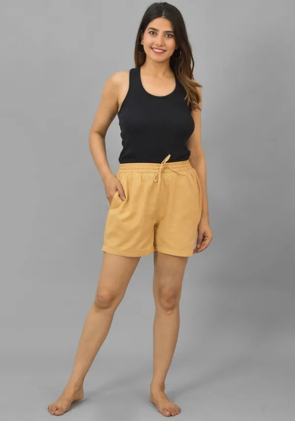 Beige_Solid_Cotton_Flax_Premium_&_Elegant_Shorts_For_Women