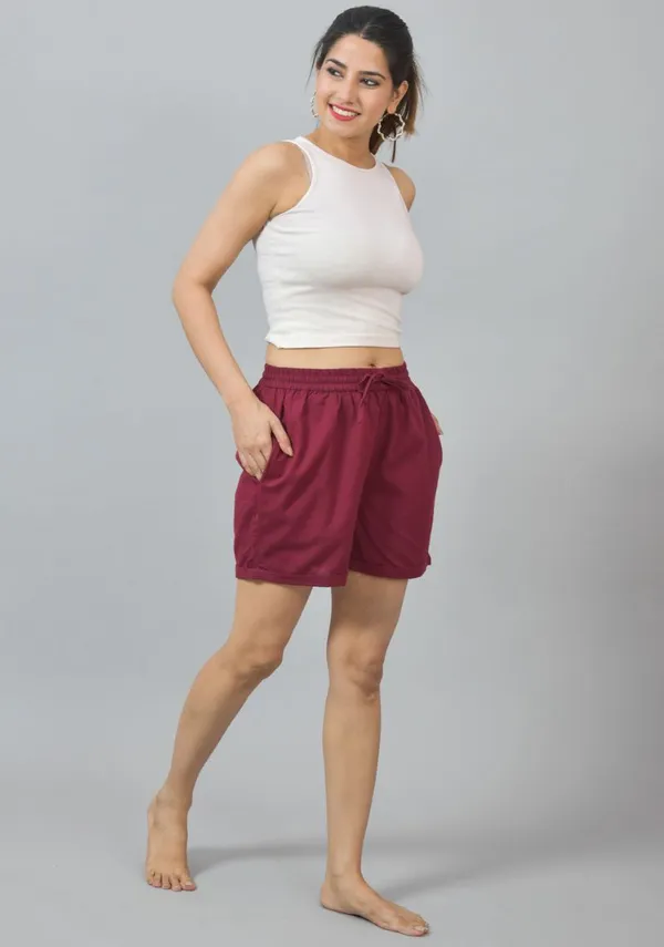 Maroon_Cotton_Solid_Premium_&_Elegant_Shorts_For_Women